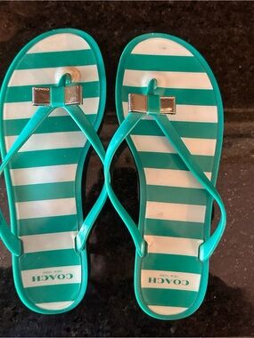 Coach Teal & White Striped Jelly Flip Flops with Silver Bows